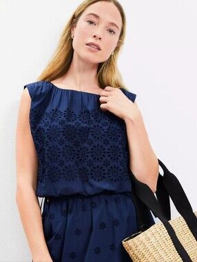 LOFT Navy Eyelet Skirt with Bubble Hem Top